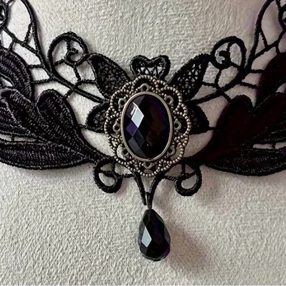 Black Gothic Lace Choker Victorian Dark Academia Necklace Goth - Picture 10 of 10